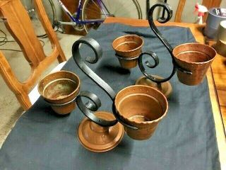 French Vintage Small Copper Balcony Plant Pots With Wrought Iron Holders