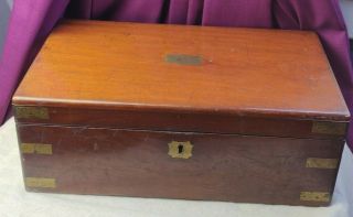 Large Antique Brass & Solid Mahogany Writing Slope Box W Brass Bound Campaign
