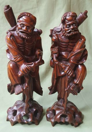 Fine Large Antique Chinese Carved Wood Immortal Figures,  Inlaid Eyes