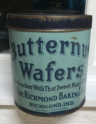 Rare Vintage Blue Butternut Wafers Advertising Tin W/ Lid Richmond Indiana In