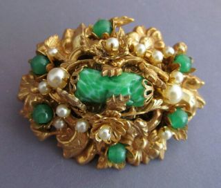 3d Vintage Rare Miriam Haskell Flower Pearl Carved Green Glass Slag Pin Brooch