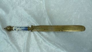 Art Nouveau Brass Page Turner/letter Opener Eith Blue And White Porcelain Handle