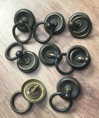 A Good Set Of 8 Antique Brass Ring Pull Handles For Antique Drawers Etc