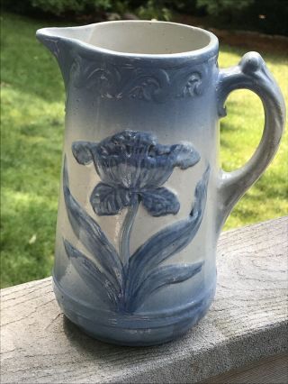Antique Salt Glazed Blue White Stoneware Pitcher Embossed Iris Rare