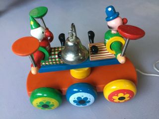 Kouvalias Greek Vintage Toy Rare Hand - Made Wooden Clown Car Pull Toy With Bell