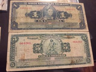 1953 Nicaragua 1 & 5 Córdoba Notes Currency Not Coin Rare
