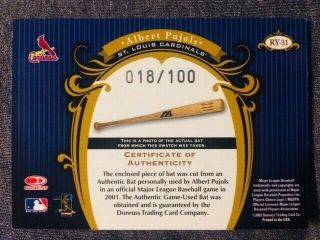 2003 Timeless Treasures Albert Pujols Rookie Year Game Bat Card /100 Rare 2