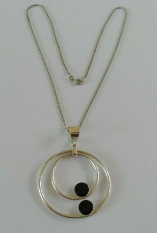 Vintage Silver Necklace With A Two Circle Pendant Drop Set With Two Black Stones