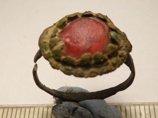 7359 Byzantine Bronze Ring With A Red Glass/stone 11 - 12 Century Ad
