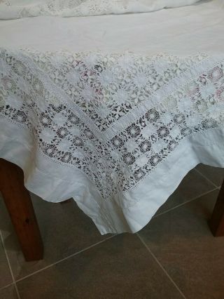 Vintage Antique White Cotton Table Cloth Needle Work Lace Inserts Square