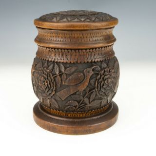 Antique Carved Patinated Wood - Bird & Carnation Decorated Tobacco Jar
