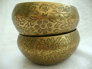 Two Vintage Indian Engraved Brass Bowls Sweets Betel Nut Pots