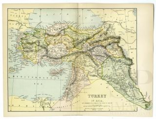 1880 Antique Map Syria Cyprus Aljezira Armenia Gaza Palestine Turkey Treaty