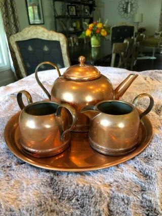 Copper Tea Kettle Teapot With Sugar Bowl,  Creamer And Tray,  Vintage,  Antique