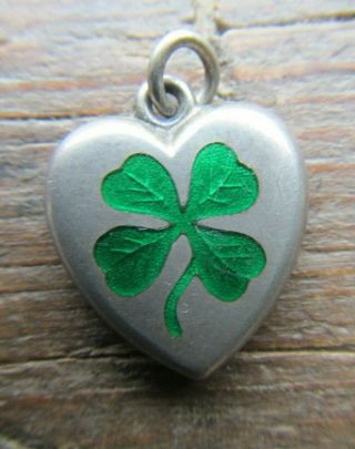 Rare Antique Victorian Sterling Silver Enamel Puffy Heart Charm Lucky Clover