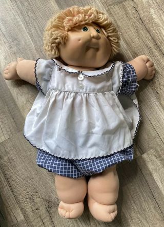 Vtg 1982 Coleco Cabbage Patch Girl Doll Green Eyes Blonde Hair White Blue Dress
