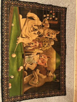 Vintage Cotton Tapestry Wall Hanging Dtc Dogs Playing Pool Billards Rare