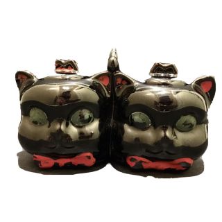 Rare Vintage Redware Clay Black Cat Condiment Relish Set Halloween Candy Dish