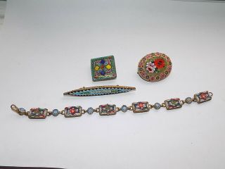 Antique / Vintage Italian Micro Mosaic Inlaid Bracelet & Pin Brooches 4 Items