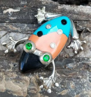 Manuel Porcayo Sterling Frog Brooch Turquoise Onyx Coral Hecho A Mano Rare