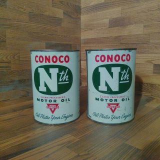 Two Vintage Conoco Nth Motor Oil One Quart Cans Very Rare 40w And 20w