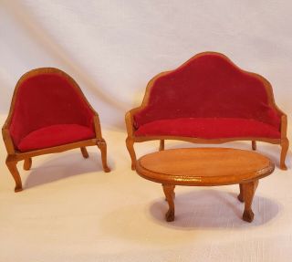 Dollhouse Miniature 1:12 Vintage Red Velvet Settee Chair Coffee Table