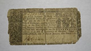 1767 Four Dollars Annapolis Maryland Md Colonial Currency Note Bill $4 Rare