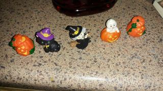 Rare 5 Vintage Russ Berrie Miniature Halloween Figurines Ghost,  Cat,  & Pumpkins