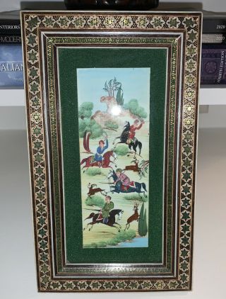 Antique Persian Handmade Miniature Painting Artwork Framed Inlaid Wood