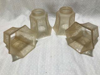 4 Vintage Antique Etched Frosted Glass Hexagon Shade Globe 2 " Fitter 4 - 1/2 " Tall