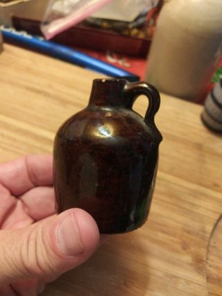 Antique Rich Brown Glaze Miniature Crock Jug Stoneware Whiskey Sample