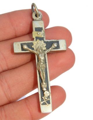 Vintage Antique Crucifix Small Metal Silver Plated Cross French Rosary Pendant