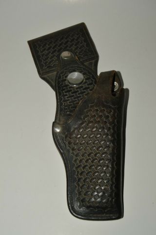 Vintage Tex Shoemaker Black Leather Gun Basketweave Swivel Revolver Holder Rare