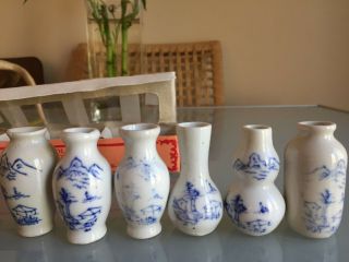 Vtg.  Set Of 6 Miniature Blue & White Small Porcelain Vases_ Kole Imports Porcelan