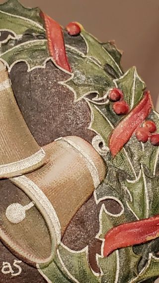Antique 1890s German Embossed Thick Die - Cut Christmas Holly Wreath Silver Bells