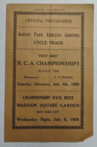 Antique 1908 High Wheel Bicycle Race Program Asbury Park Athletic Cycle Track Ny