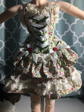 Handmade Bustier Full Sized Doll Dress,  White Floral And Lace
