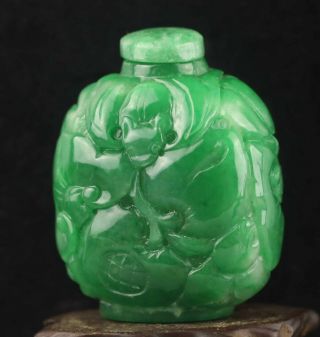 Chinese Old Natural Green Jade Hand - Carved Jadite Statue Dragon Snuff Bottle