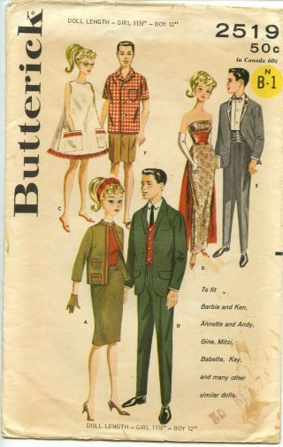 Vintage Butterick Pattern 2519 11 1/2 " Doll Wardrobe For Barbie & Ken 1960s Cut
