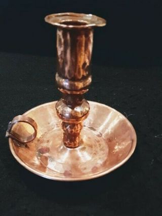 Antique Hand Hammered Copper,  Chamber Candlestick Holder With Finger Loop - Rare