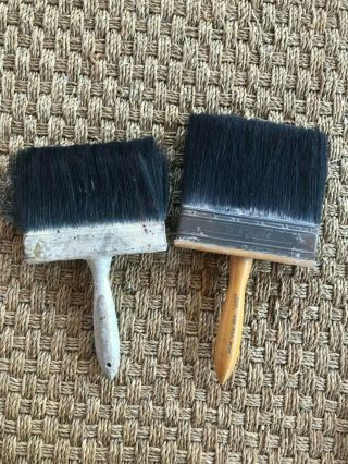 2 Antique Vintage Large Paint Brushes Wooden Handles Rustic Tools
