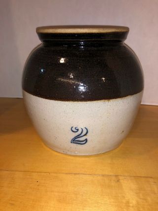 Vintage Stoneware Crock Bean Pot 2 Salt Glaze Pottery 6 - 1/4 " Beige & Brown