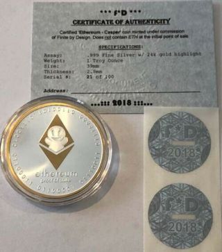Ethereum 2017 Eth.  999 Silver & 24k Gold Physcial Bitcoin 21/100 Casper Rare