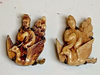 Antique 1870s Pair Chinese Fine Hand Carved Bovine Shoe Clips Kwan Yin,  Phoenix