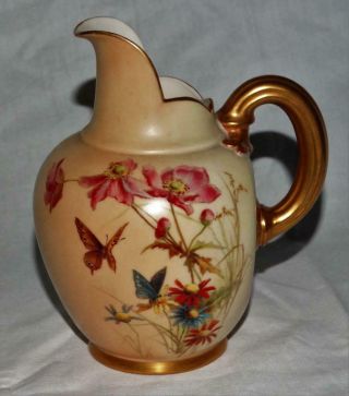 Rare Butterfly & Floral Pattern Antique Royal Worcester Blush Ivory Jug,  1892.