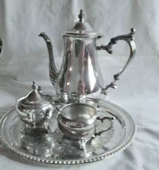 Wm Rogers 800 Silver Plate Tray Footed Coffee Pot,  Sugar & Creamer Service Set