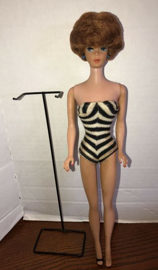 Vtg Bubblecut Barbie W/ Stand Black/white Swimsuit,  Earrings