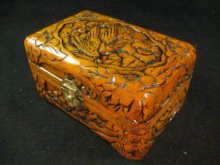 Vintage Chinese Lidded Camphor Wood Jewelry Box Hand Carved Birds & Flowers