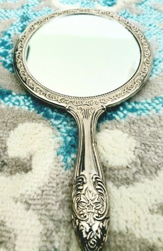 Heavy Vintage Antique Silver Plated Ornate Vanity Hand Mirror 9 " X 5.  5 " Rare