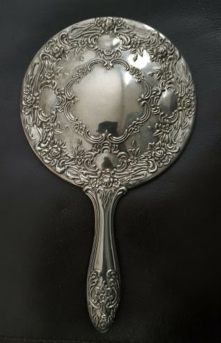 Heavy Vintage Antique Silver Plated Ornate Vanity Hand Mirror 9 